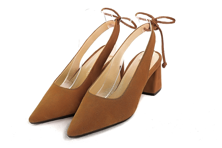 Dress slingback heels in caramel brown leather with medium flare heels and pointed toe - Front view